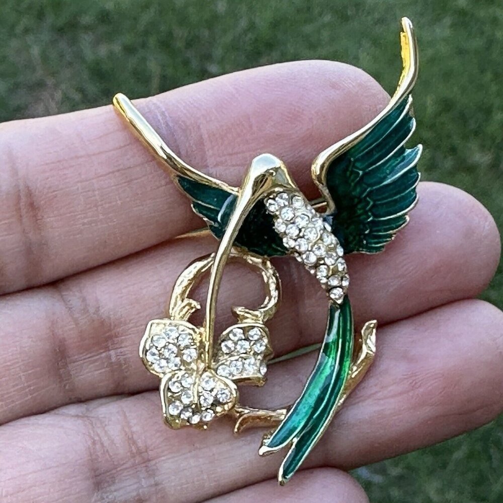 VTG Giovanni Brooch Pin 2" Hummingbird With Flower Rhinestone Enamel Gold Plated - Picture 3 of 6